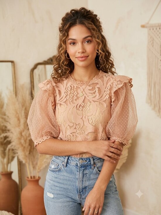 Peach Tops - Peach Lace Puff Sleeve Blouse Boho Chic Floral Top Nude Size M